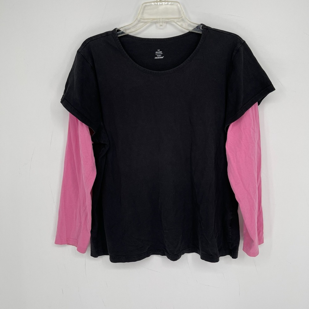 Joe Boxer Women's Y2K Style Black Pink Cotton Twofer Long Sleeve T-Shirt Size 1X